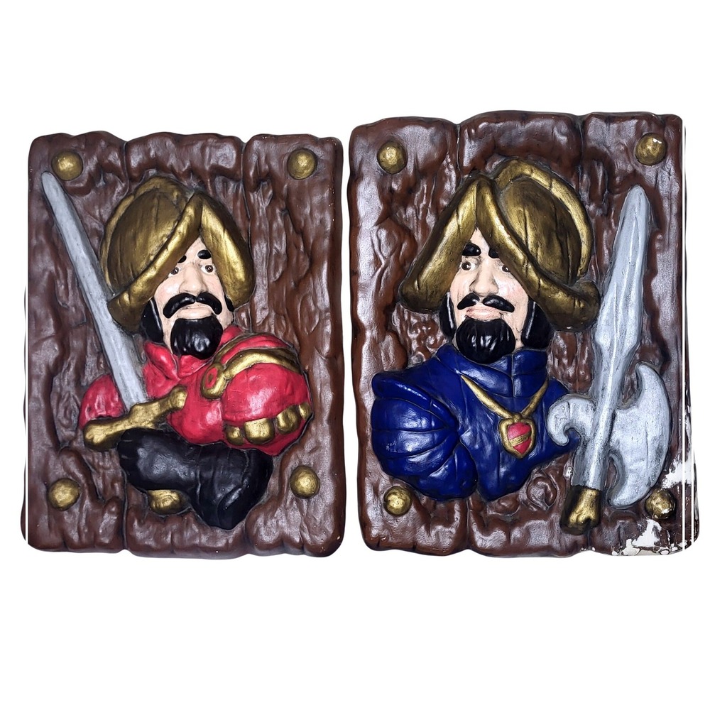 Vintage Spanish Conquistador Wall Art Plaque Set 3D Relief Red Blue Gold 14x10